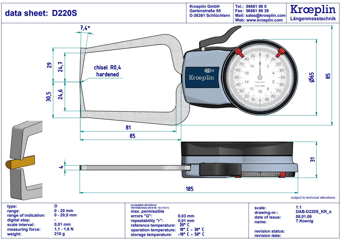 Kroeplin Internal Dial Caliper Gauge D220S, 0-20mm ( Mitutoyo Equivalent 209-405)