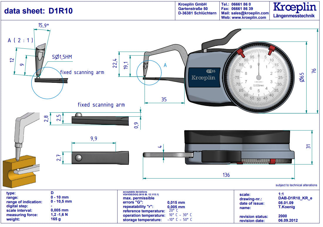 Kroeplin Analogue Tube Wall Caliper Gauge 0-10mm, 0.005mm D1R10, (Mitutoyo 209-400)