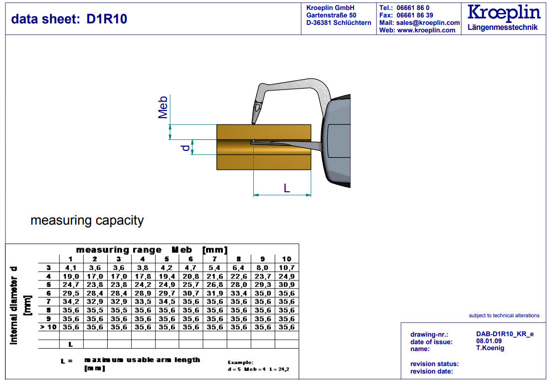 Kroeplin Analogue Tube Wall Caliper Gauge 0-10mm, 0.005mm D1R10, (Mitutoyo 209-400)