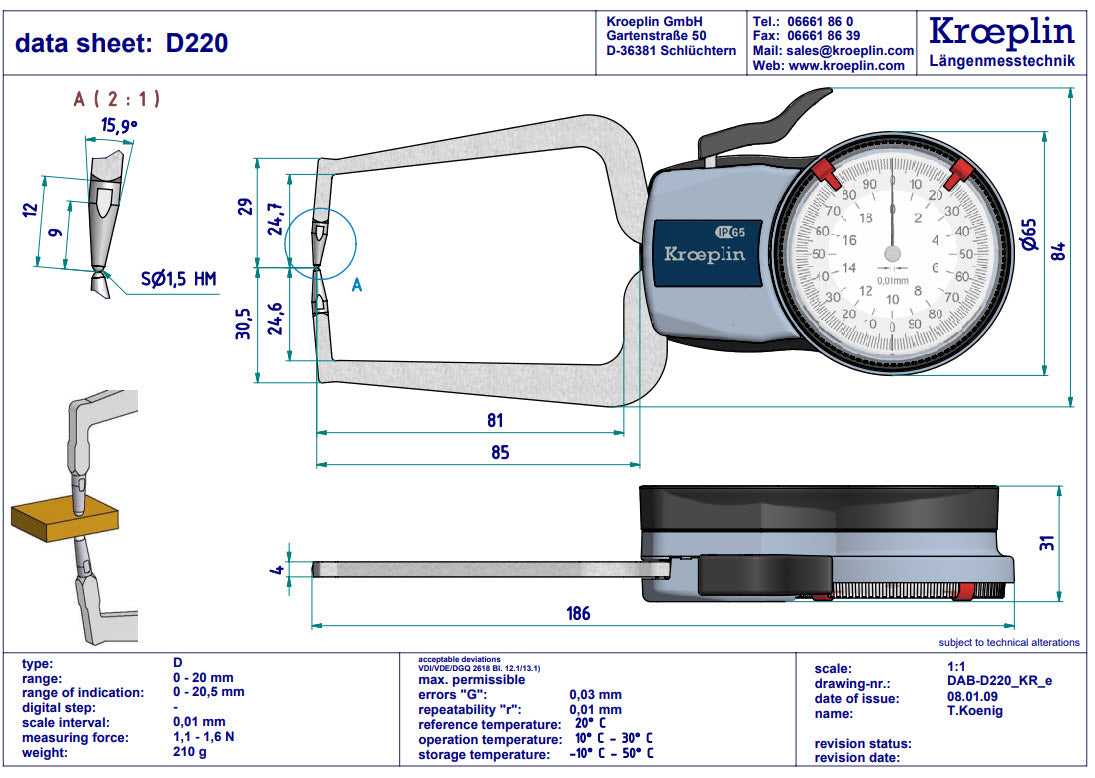 Kroeplin Metric External Caliper Gauge 0-20mm, 0.01mm, D220 ( Mitutoyo Equivalent 209-404)