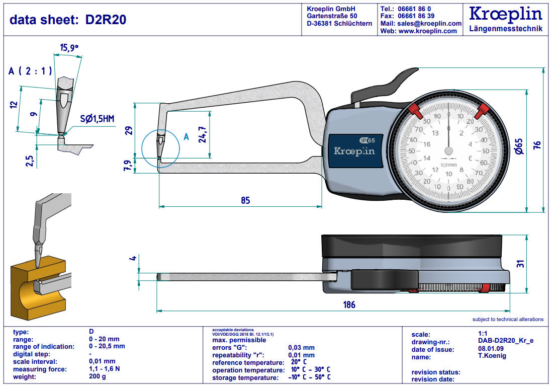 Kroeplin Analogue Tube Wall Caliper Gauge D2R20, 0-20mm, 0.01mm (Kroeplin Equivalent D2R20)