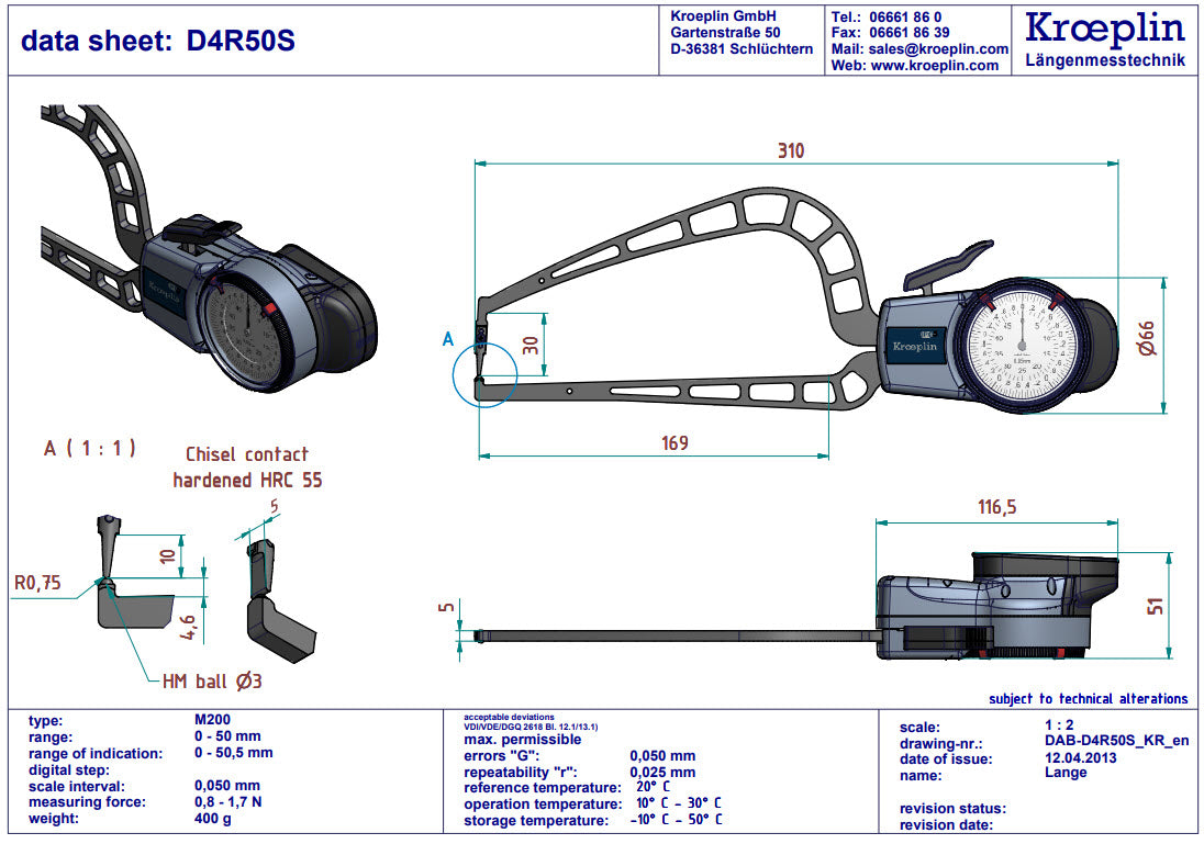 Kroeplin Analogue Tube Wall Caliper Gauge 0-50mm, 0.05mm D4R50S Measuring Contact: Carbide ball ø3mm / bevel, radius 0.75mm ( Mitutoyo equivalent 209-922)