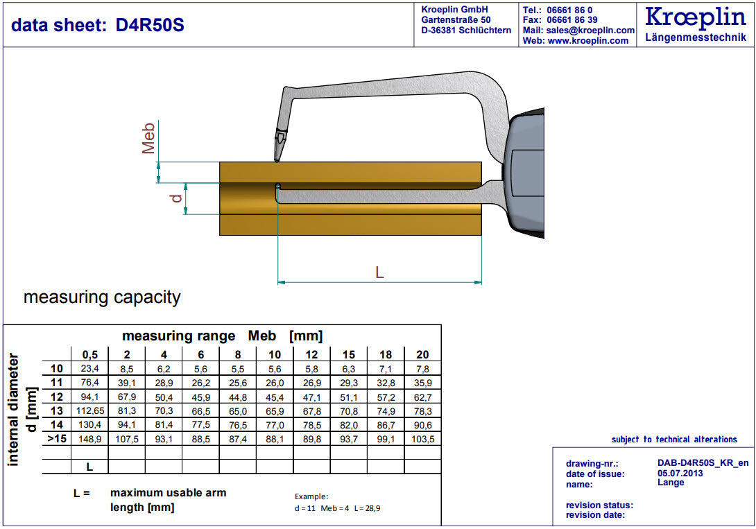 Kroeplin Analogue Tube Wall Caliper Gauge 0-50mm, 0.05mm D4R50S Measuring Contact: Carbide ball ø3mm / bevel, radius 0.75mm ( Mitutoyo equivalent 209-922)