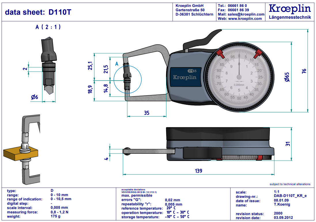 Kroeplin External Dial Caliper Gauge , 0,005mm D110T, 0-10mm ( Mitutoyo Equivalent 209-403)