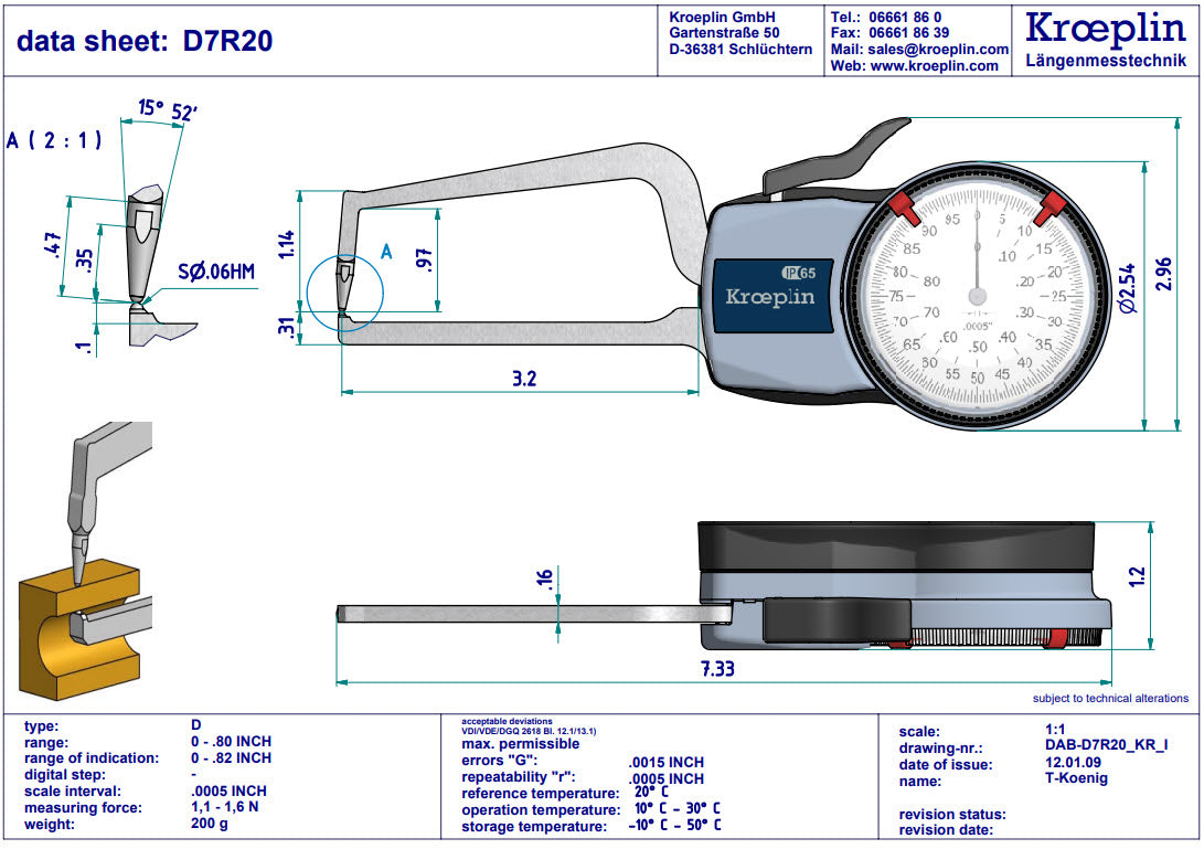 Kroeplin Internal Dial Caliper Gauge  D7R20, 0-.8" (Mitutoyo Equivalent 209-456)