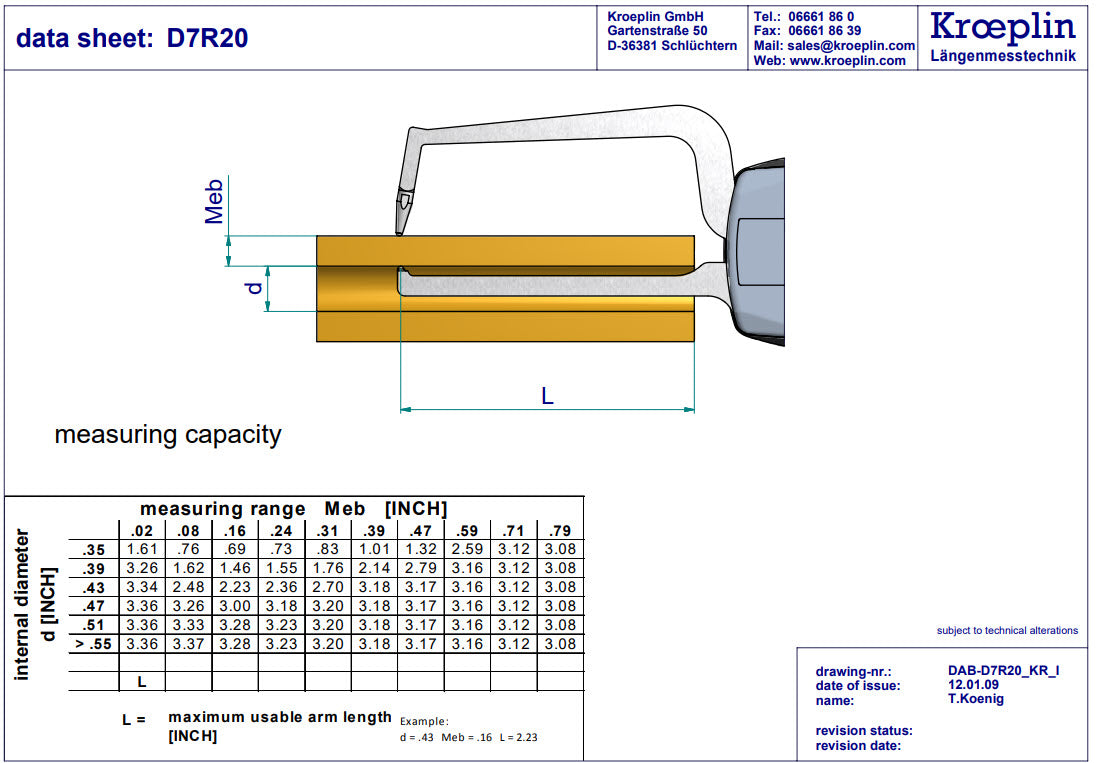 Kroeplin Internal Dial Caliper Gauge  D7R20, 0-.8" (Mitutoyo Equivalent 209-456)