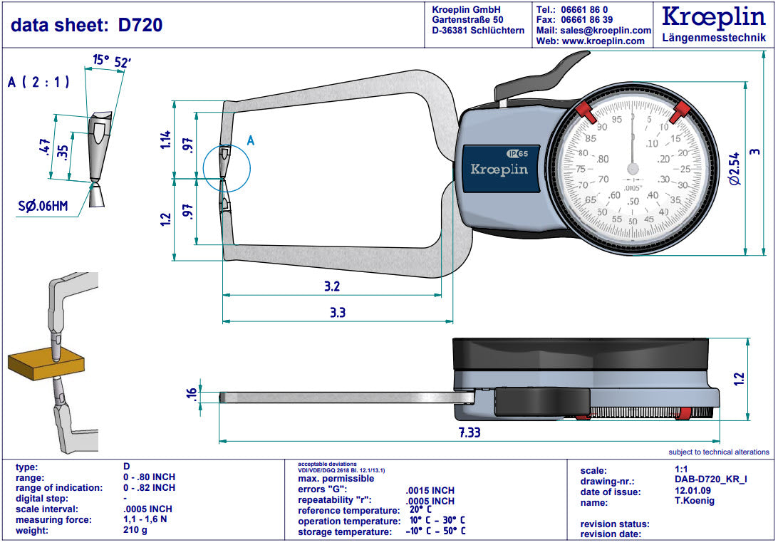 Kroeplin External Dial Caliper Gauge D720, 0-0.8" ( Mitutoyo equivalent 209-455)