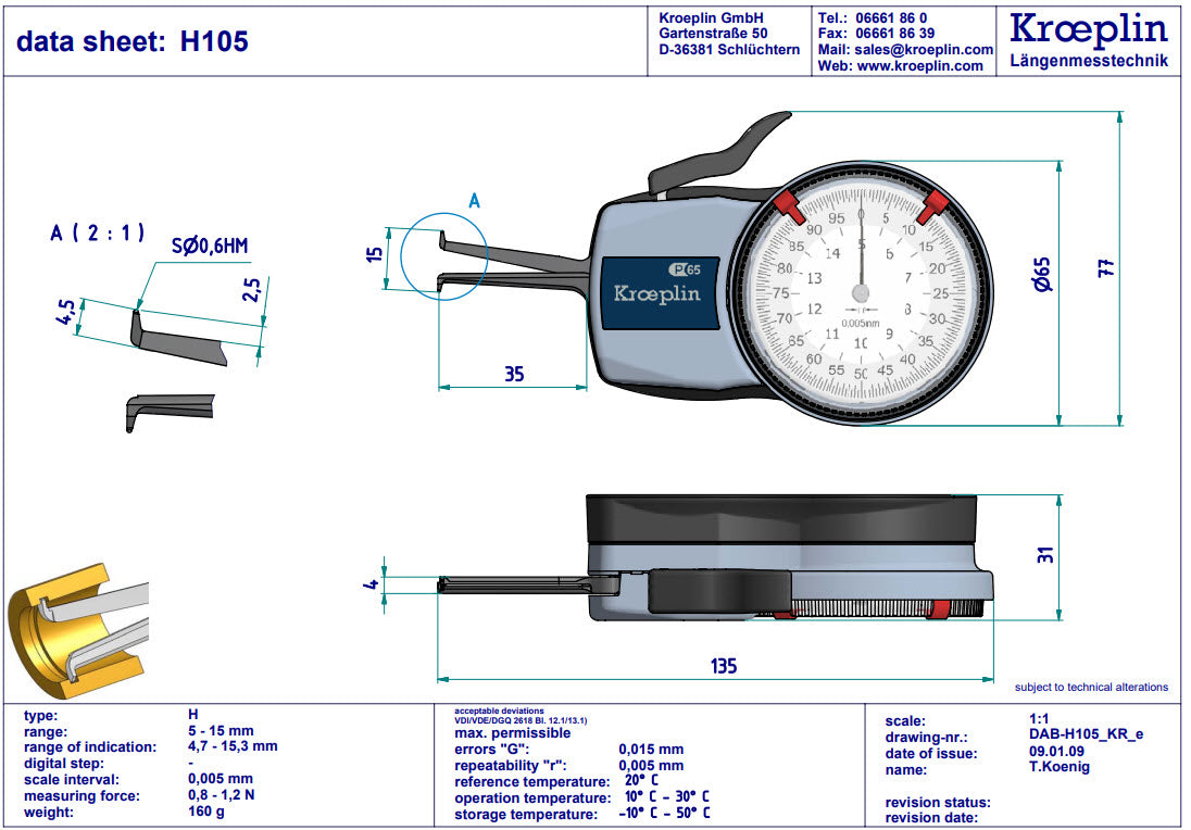 Kroeplin Metric Internal Caliper Gauge 5-15mm, 0.005mm, H105 ( Mitutoyo Equivalent 209-301)