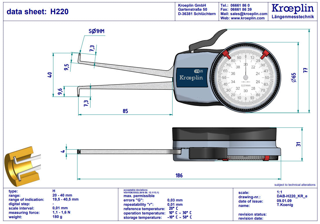 Kroeplin Metric Internal Caliper Gauge 20-40mm, 0.01mm, H220 ( Mitutoyo Equivalent 209-303)