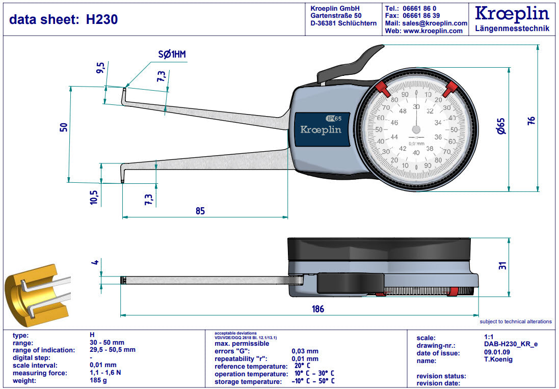 Kroeplin Metric Internal Caliper Gauge 30-50mm, 0.01mm, H230 ( Mitutoyo Equivalent 209-304)