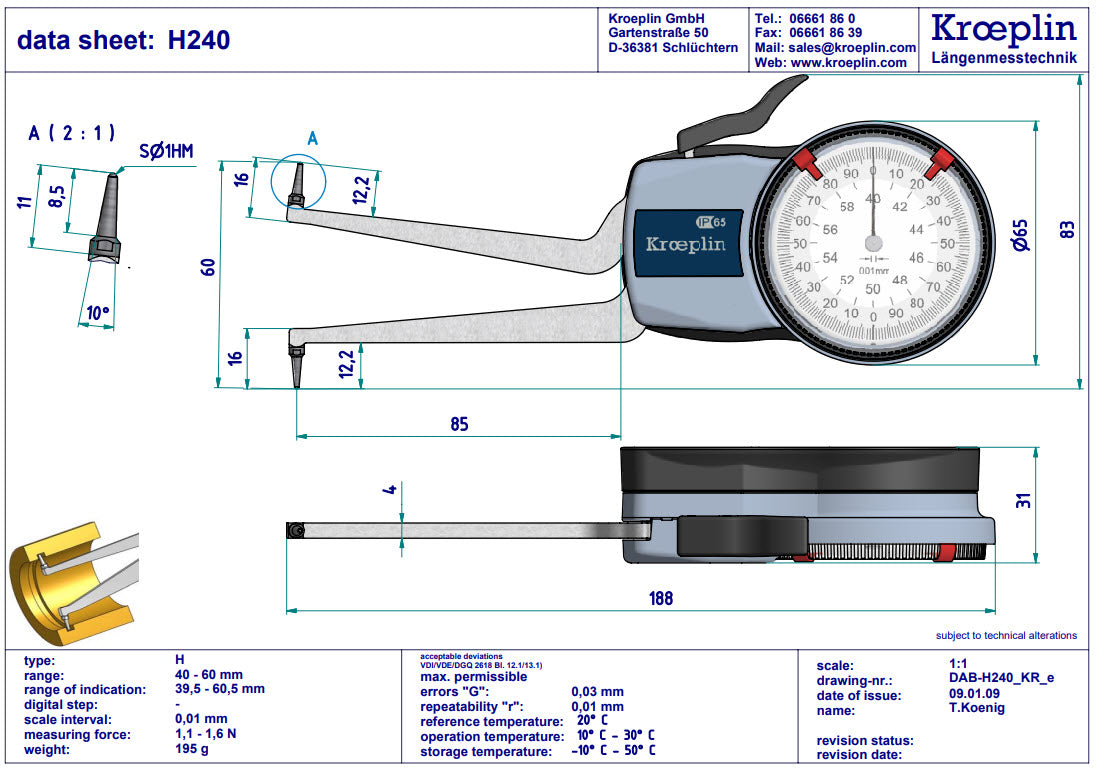 Kroeplin Metric Internal Caliper Gauge H240, 40-60mm, 0.01mm ( Mitutoyo Equivalent 209-305)