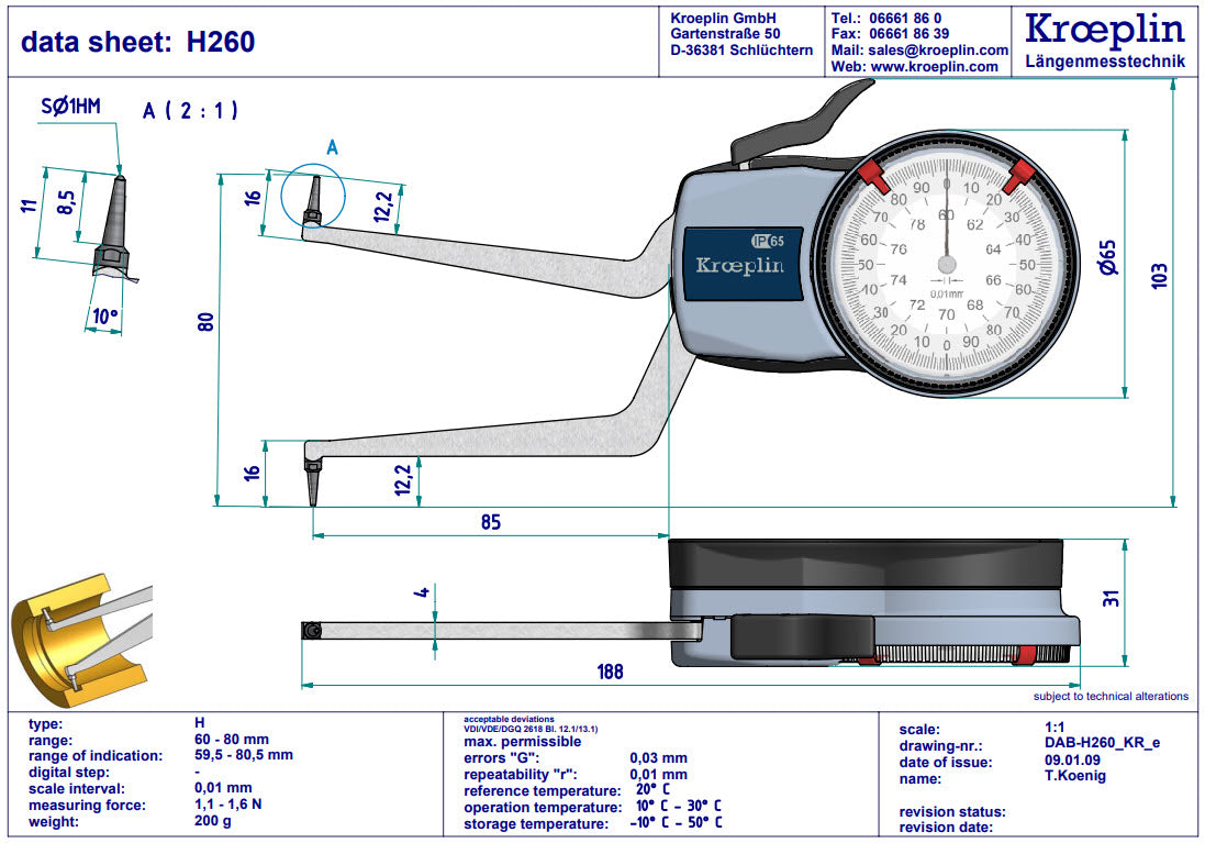 Kroeplin Metric Internal Caliper Gauge H260 60-80mm, 0.01mm ( Mitutoyo Equivalent 209-307)