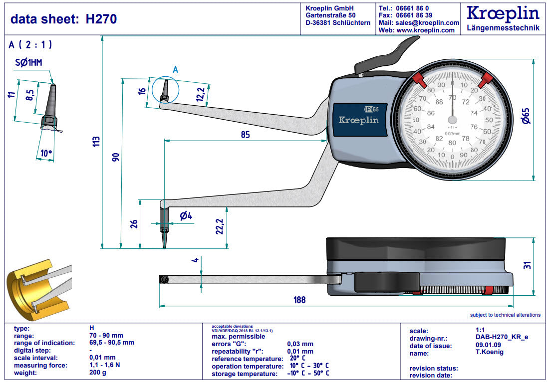 Kroeplin Metric Internal Caliper Gauge 70-90mm, 0.01mm, H270 ( Mitutoyo Equivalent 209-308)