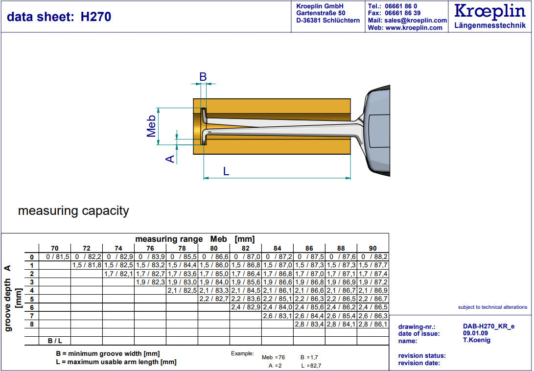 Kroeplin Metric Internal Caliper Gauge 70-90mm, 0.01mm, H270 ( Mitutoyo Equivalent 209-308)