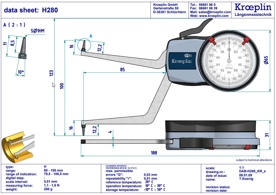 Kroeplin Metric Internal Caliper Gauge 80-100mm, 0.01mm, H280 ( Mitutoyo Equivalent 209-309)