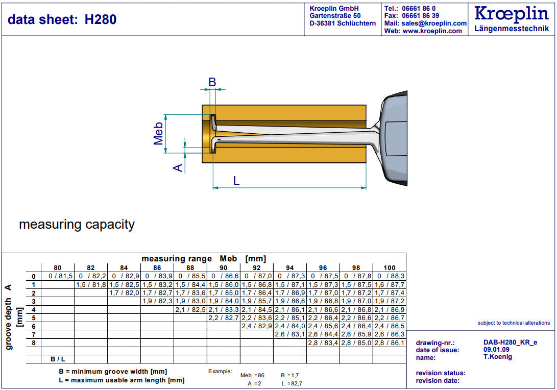 Kroeplin Metric Internal Caliper Gauge 80-100mm, 0.01mm, H280 ( Mitutoyo Equivalent 209-309)