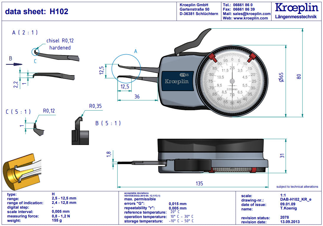 Kroeplin Metric Internal Caliper Gauge 2.5-12.5mm, 0.005mm, H102 ( Mitutoyo Equivalent 209-300)