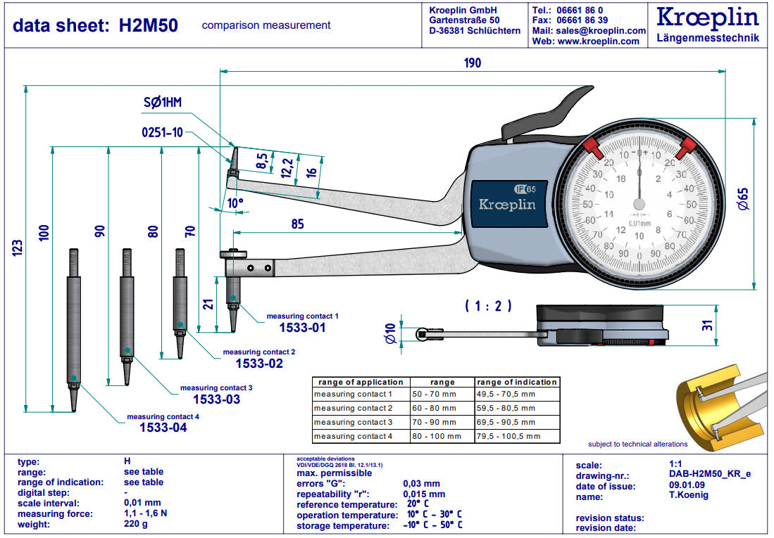 Kroeplin Metric Internal Caliper Gauge 50-100mm, 0.01mm H2M50 ( Mitutoyo Equivalent 209-310)