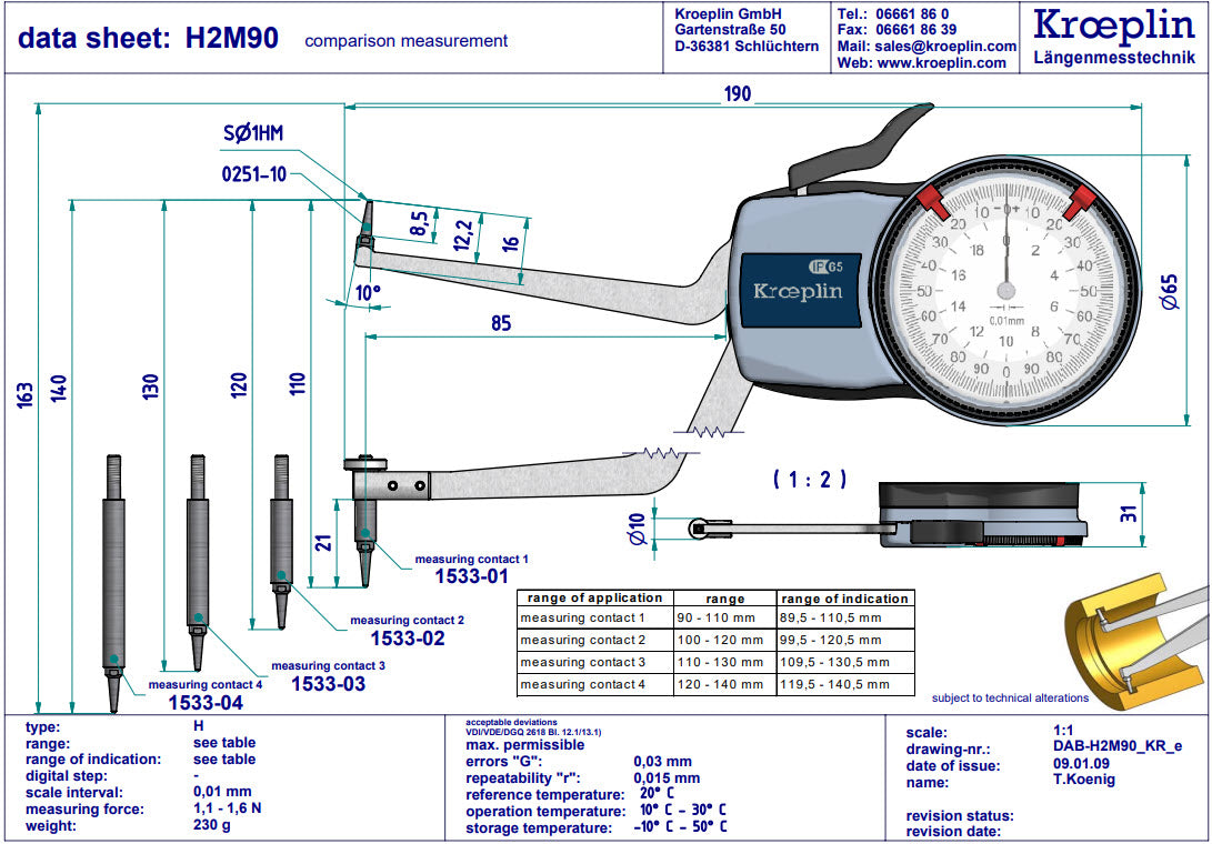 Kroeplin Metric Internal Caliper Gauge H2M90, 90-140mm, 0.01mm ( Mitutoyo Equivalent 209-311)