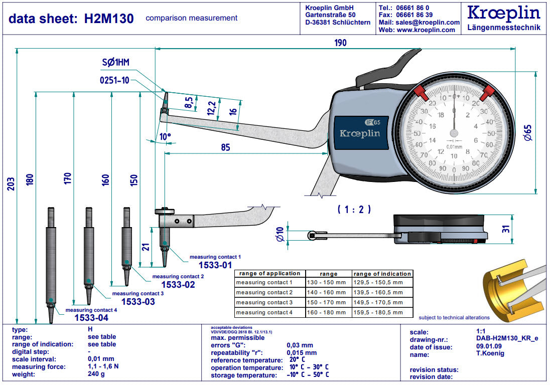 Kroplin Metric Internal Caliper Gauge 130-180mm, 0.01mm, H2M130 ( Mitutoyo Equivalent 209-312)