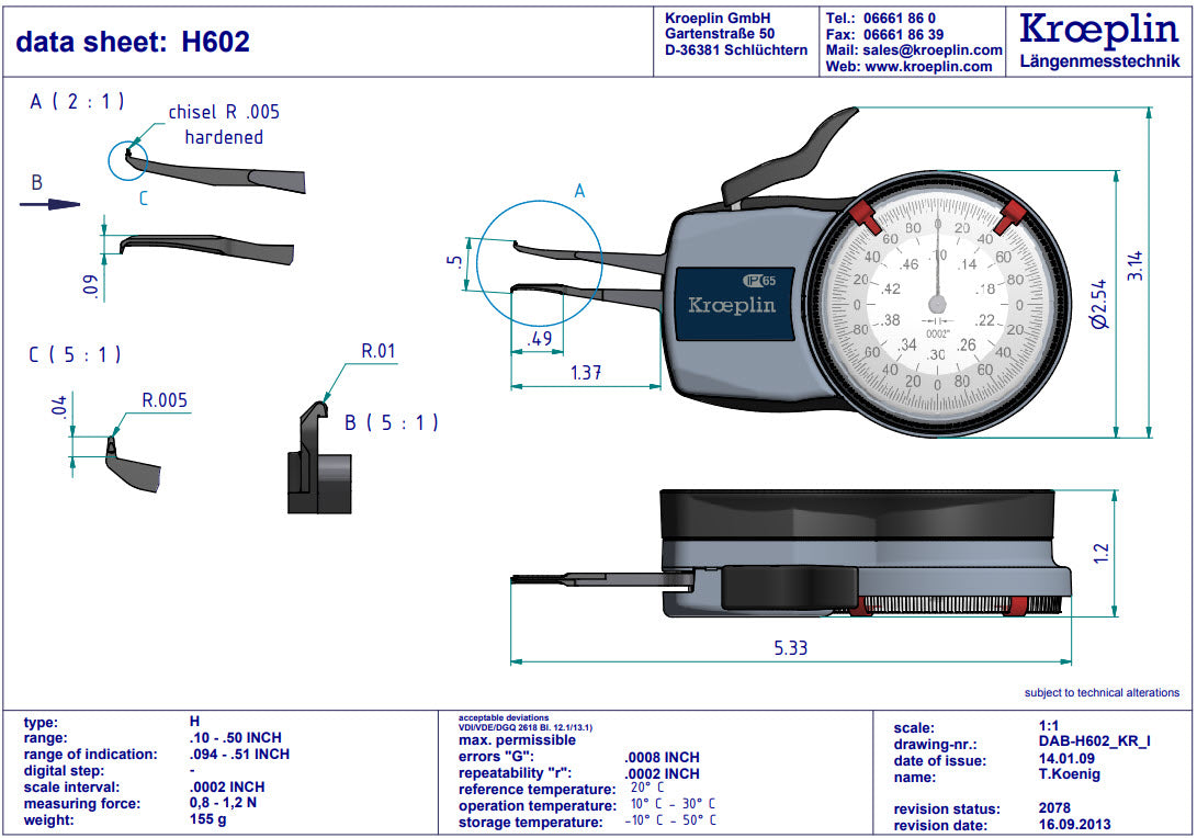 Kroeplin Metric Internal Dial Caliper Gauge .1-.5" x .0002" H602( Mitutoyo Equivalent 209-350)