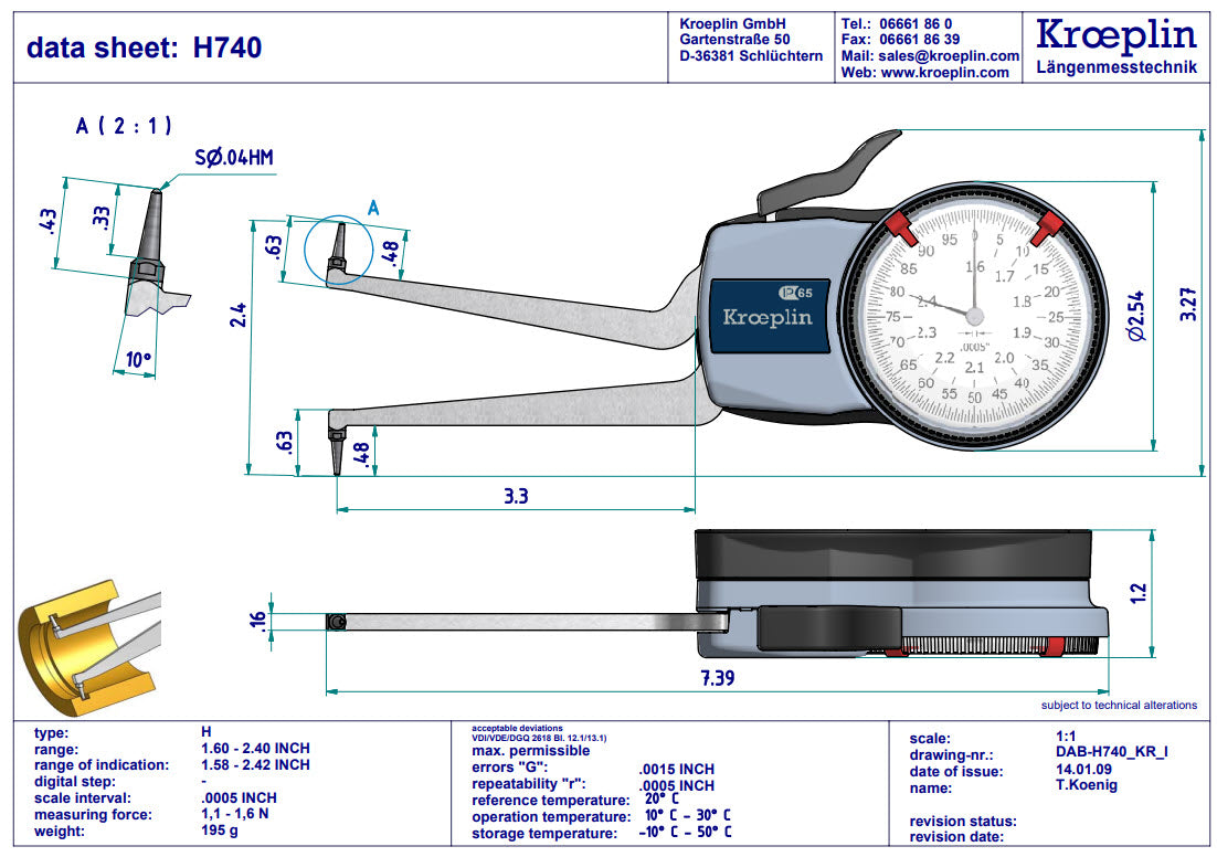 Kroeplin Metric Internal Dial Caliper Gauge 1.6-2.4" .0005" H740 (Mitutoyo Equivalent 209-356)