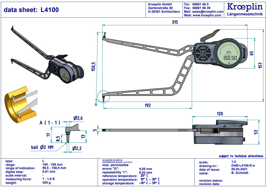 Kroeplin Digital Internal Caliper Gauge 100-150mm, 0.001mm