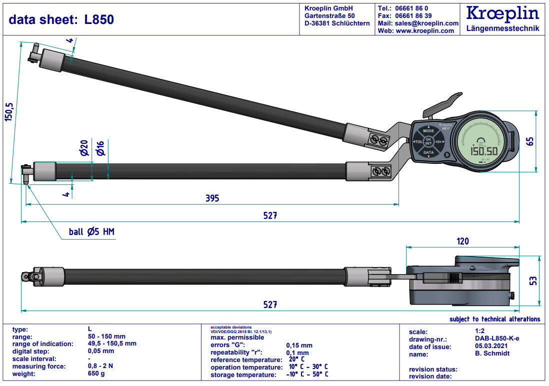 Kroeplin Digital Internal Caliper Gauge 50-150mm, 0.001mm, L850