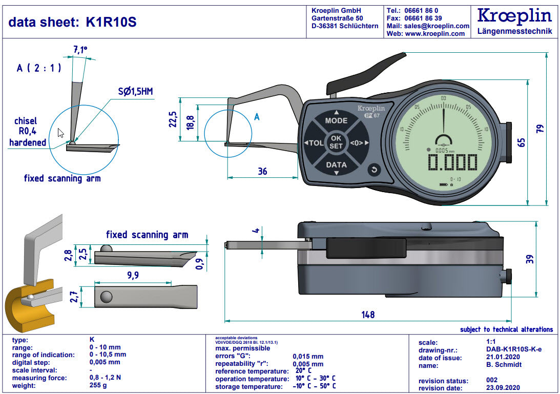 Kroeplin Digital Tube Wall Caliper Gauge 0-10mm, 0.001mm K1R10S