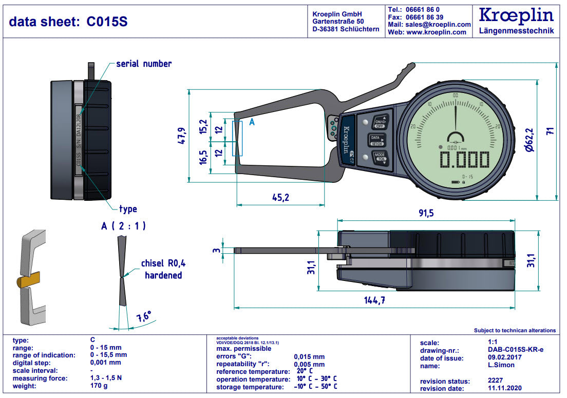 Kroeplin External Digital groove Caliper Gauge C015S range 0-15mm ( Mitutoyo Equivalent 209-925)