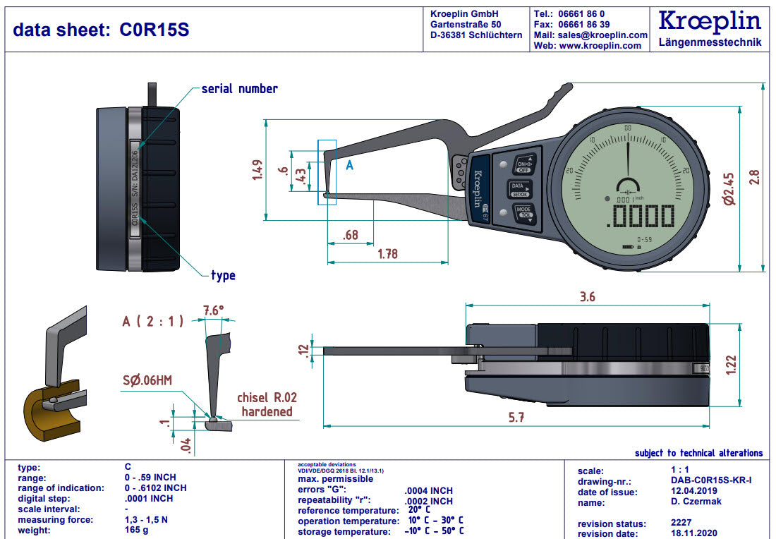 Mitutoyo External Digital groove Caliper Gauge C0R15 range 0 – 0.59 inch