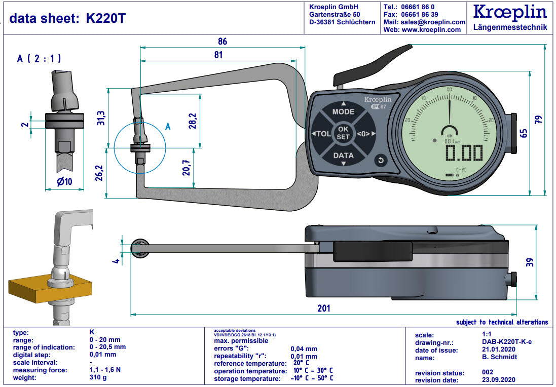 Kroeplin Digital External Caliper Gauge 0-20mm/0-.8", 0.001mm K220T with 10mm flat anvils