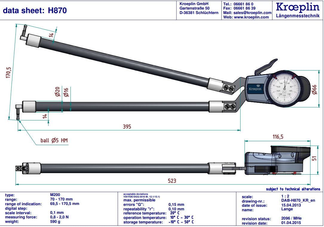 Kroeplin Metric Internal Caliper Gauge 70-170mm, 0.1mm H870