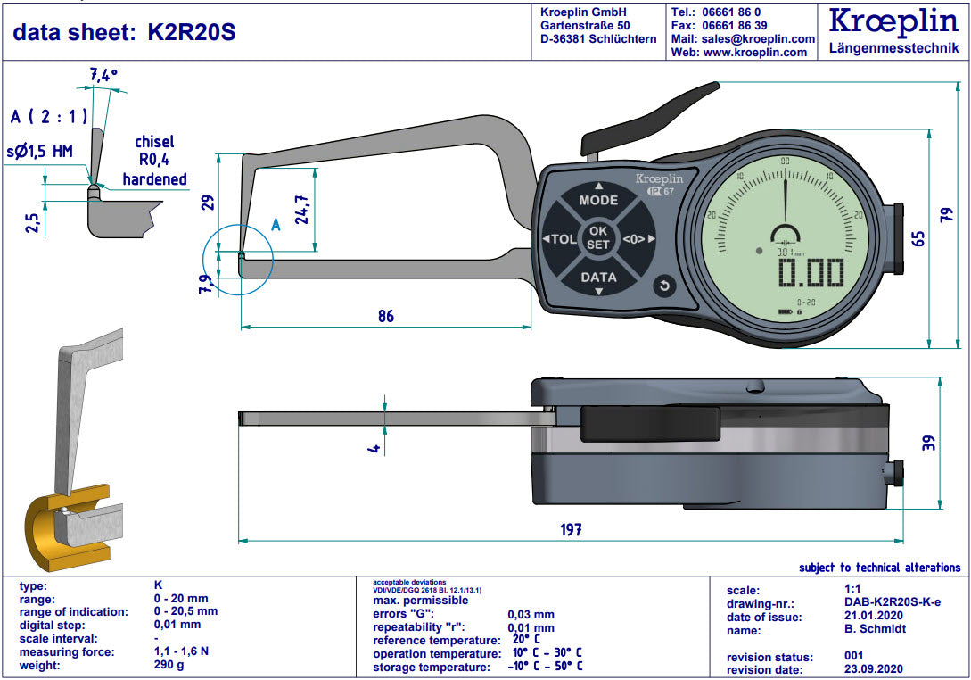 Kroeplin Digital Tube Wall Caliper Gauge 0-20mm, 0.001mm K2R20S