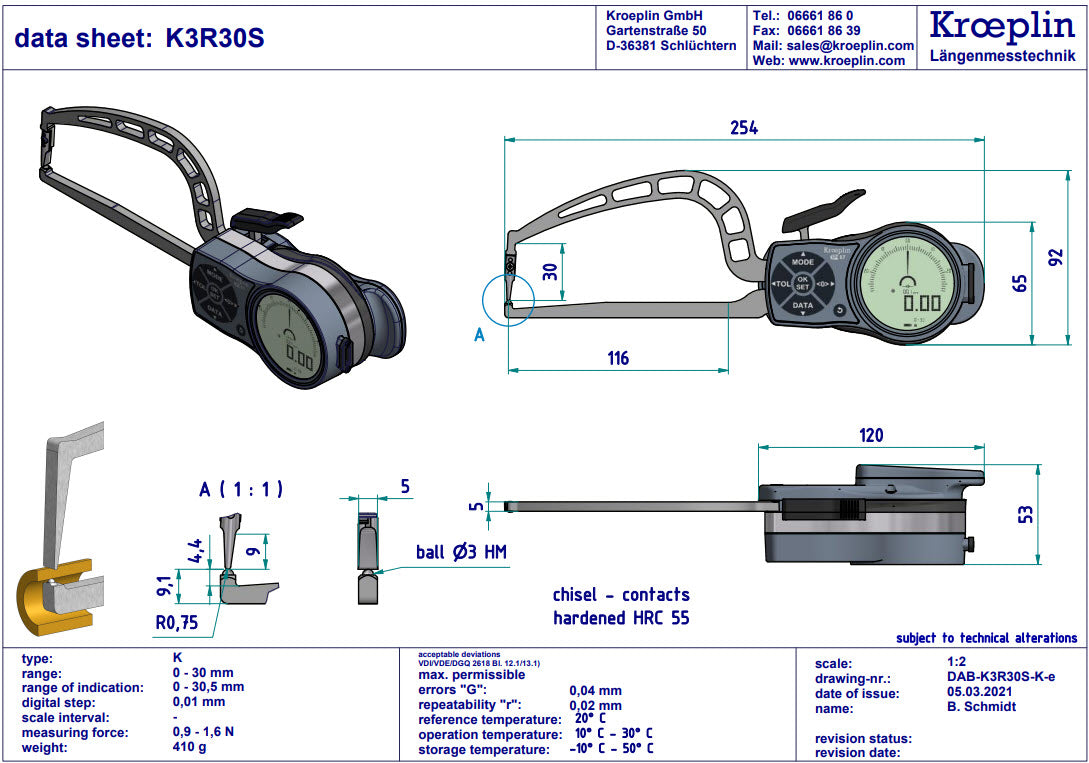 Kroeplin Digital Tube Wall Caliper Gauge 0-30mm, 0.001mm K3R30S