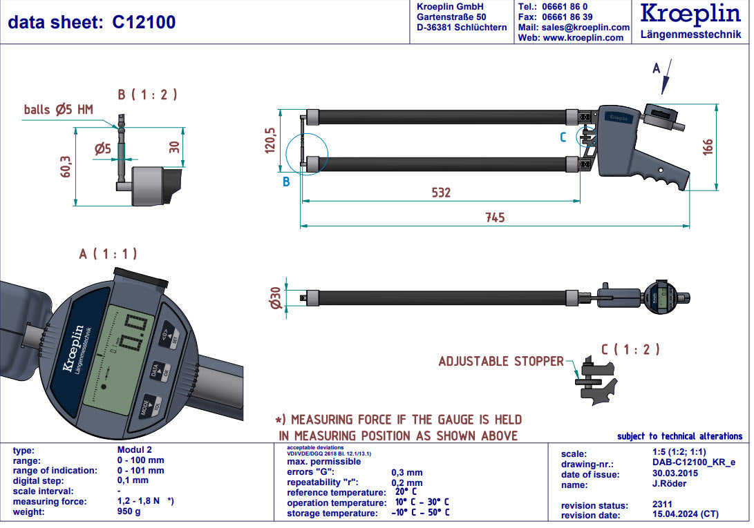 Kroeplin Digital External Caliper Gauge 0-100mm, 0.1mm C12100T with 50mm Discs
