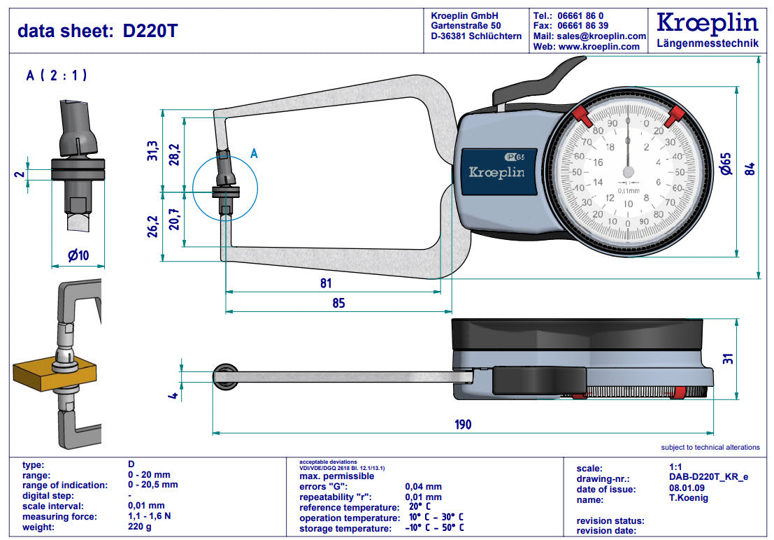 Kroeplin Metric External Caliper Gauge 0-20mm, 0.01mm, D220T