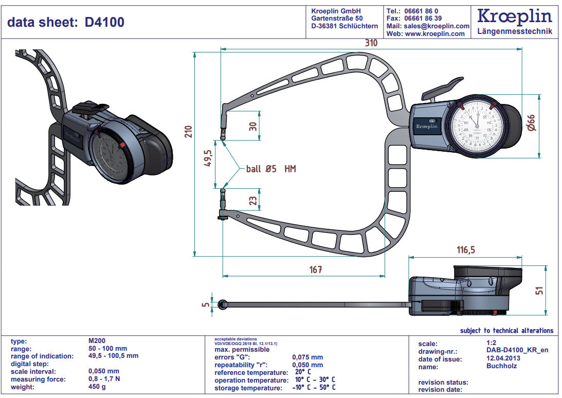 Kroeplin Digital External Caliper Gauge 50-100mm, 0.05mm D4100