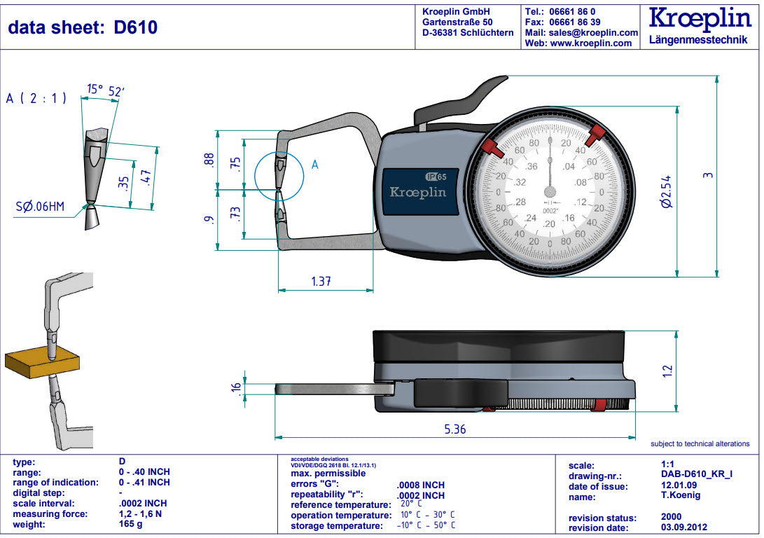 Kroeplin Metric External Caliper Gauge 0-.4", 0.0002", D610 ( Mitutoyo Equivalent 209-450)