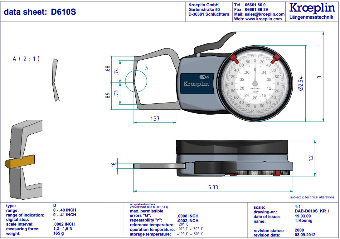 Kroeplin Metric External Caliper Gauge 0-.4", 0.0002", D610S