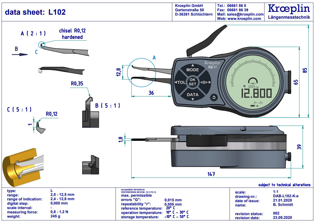 Kroeplin Digital Internal Caliper Gauge 2.5-12.5mm, 0.001mm L102 ( Mitutoyo Equivalent 209-927)