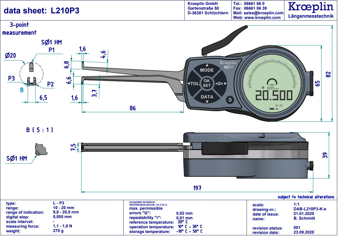 Kroeplin Digital Internal 3-Point Caliper Gauge 10-20mm, 0.001mm L210P3