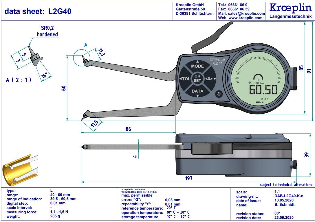Mitutoyo L2G40 electronic internal measuring gauge  Measuring range Meb: 40-60mm Numerical interval Zw: 0,001 / 0,002 / 0,005 / 0,01 / 0,02 / 0,05mm Measuring depth L max.: 85 mm