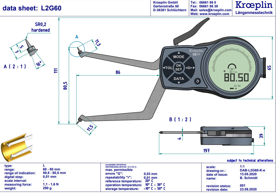 Mitutoyo L2G60 electronic internal measuring gauge  Measuring range Meb: 60-80mm Numerical interval Zw: 0,001 / 0,002 / 0,005 / 0,01 / 0,02 / 0,05mm Measuring depth L max.: 85 mm