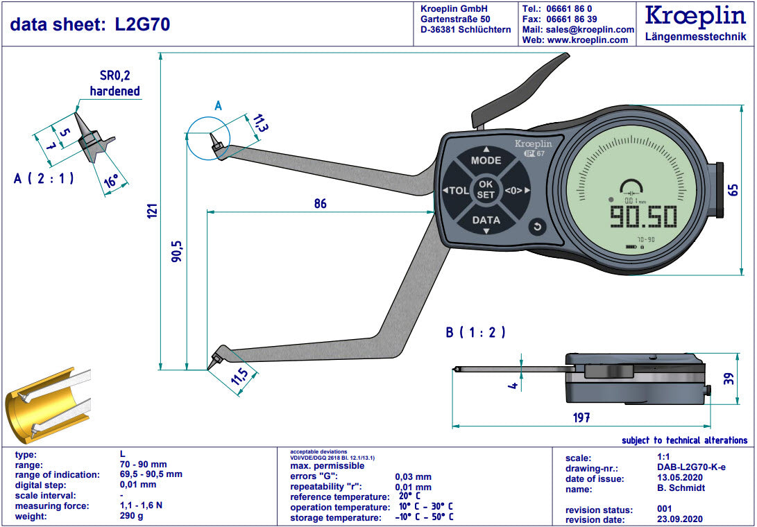 Mitutoyo L2G70 electronic internal measuring gauge  Measuring range Meb: 70-90mm Numerical interval Zw: 0,001 / 0,002 / 0,005 / 0,01 / 0,02 / 0,05mm Measuring depth L max.: 85 mm