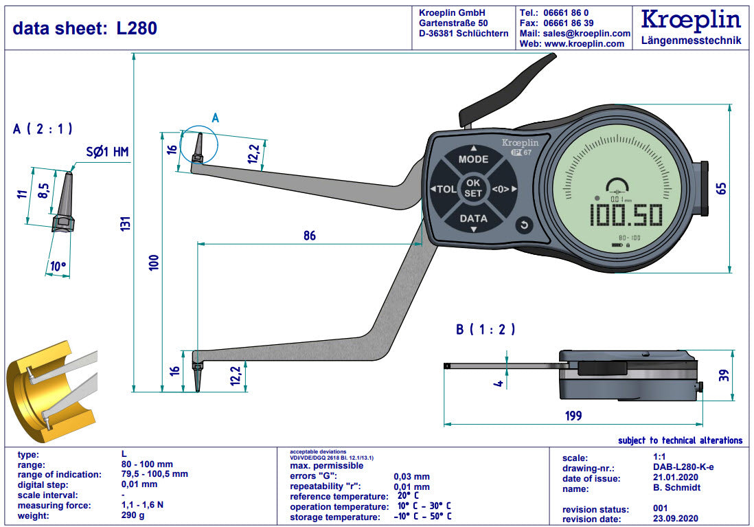 Kroeplin Digital Internal Caliper Gauge 80-100mm, 0.001mm L280