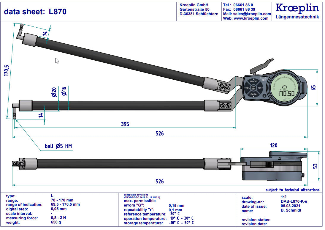 Kroeplin Digital Internal Caliper Gauge 70-170mm, 0.001mm L870