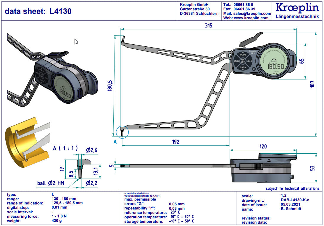 Kroeplin Digital Internal Caliper Gauge 130-180mm, 0.001mm, L4130