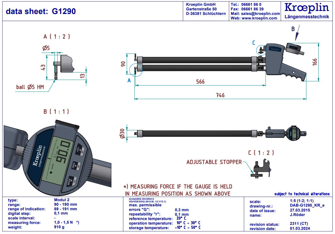 Kroeplin Digital Internal Caliper Gauge 90-190mm, 0.01mm L1290