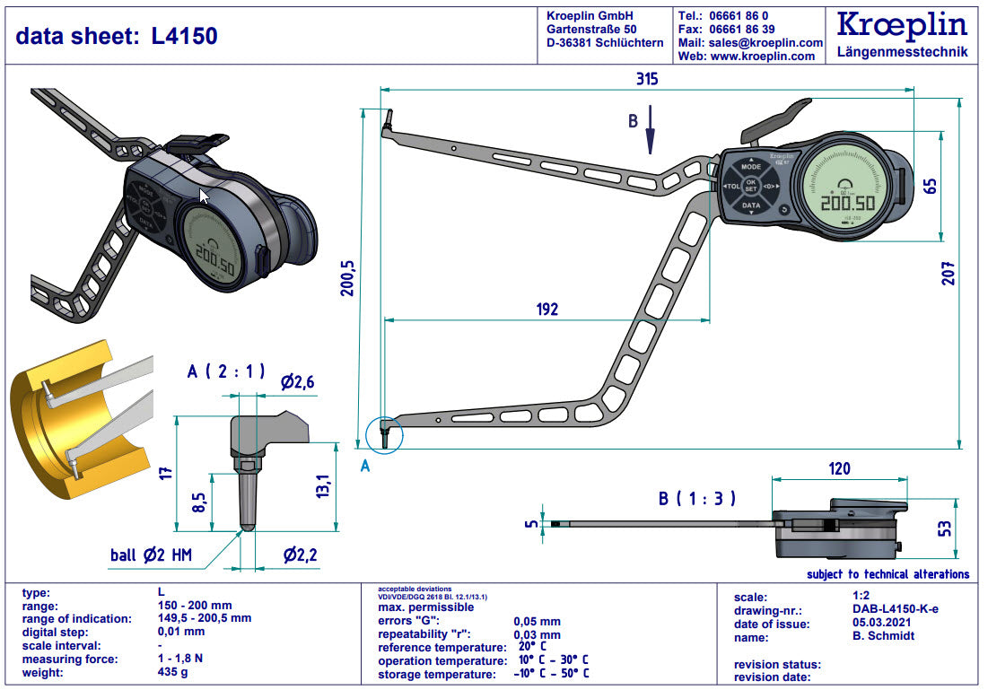 Kroeplin Digital Internal Caliper Gauge 150-200mm, 0.01mm L4150, depth 192mm